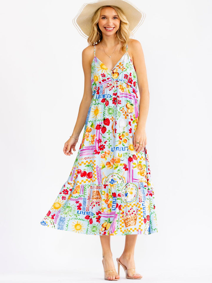 WOMEN'S SLEEVELESS V-NECK BUTTON UP ELASTIC WAIST MULTI PRINT MAXI DRESS