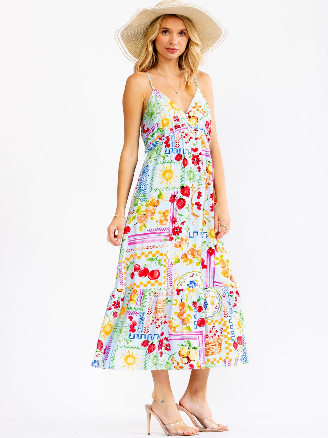WOMEN'S SLEEVELESS V-NECK BUTTON UP ELASTIC WAIST MULTI PRINT MAXI DRESS