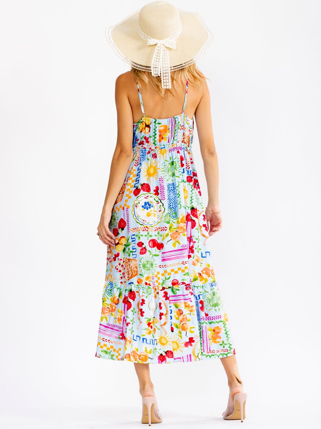 WOMEN'S SLEEVELESS V-NECK BUTTON UP ELASTIC WAIST MULTI PRINT MAXI DRESS