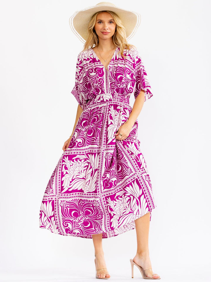 WOMEN'S SHORT SLEEVE V-NECK ELASTIC WAIST MULTI PRINT MAXI DRESS