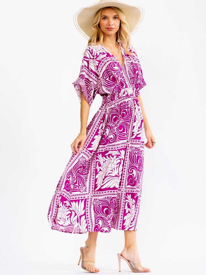 WOMEN'S SHORT SLEEVE V-NECK ELASTIC WAIST MULTI PRINT MAXI DRESS