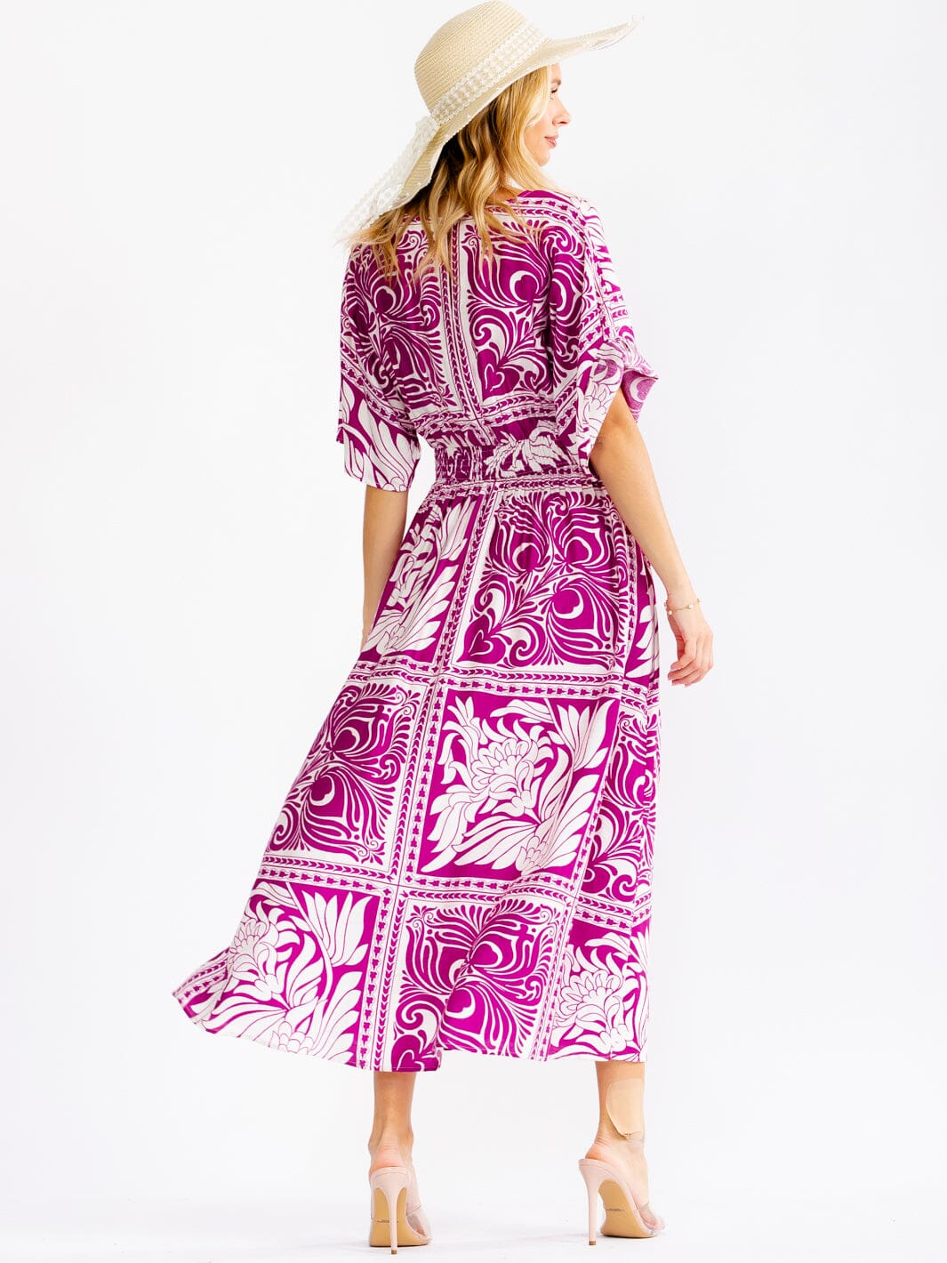 WOMEN'S SHORT SLEEVE V-NECK ELASTIC WAIST MULTI PRINT MAXI DRESS