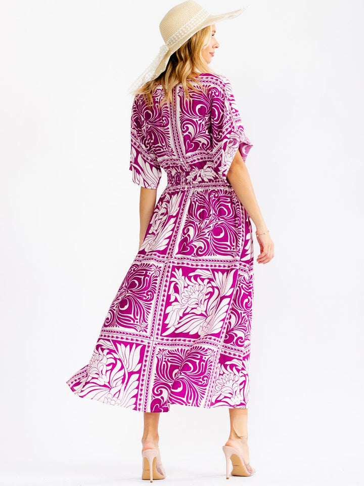 WOMEN'S SHORT SLEEVE V-NECK ELASTIC WAIST MULTI PRINT MAXI DRESS