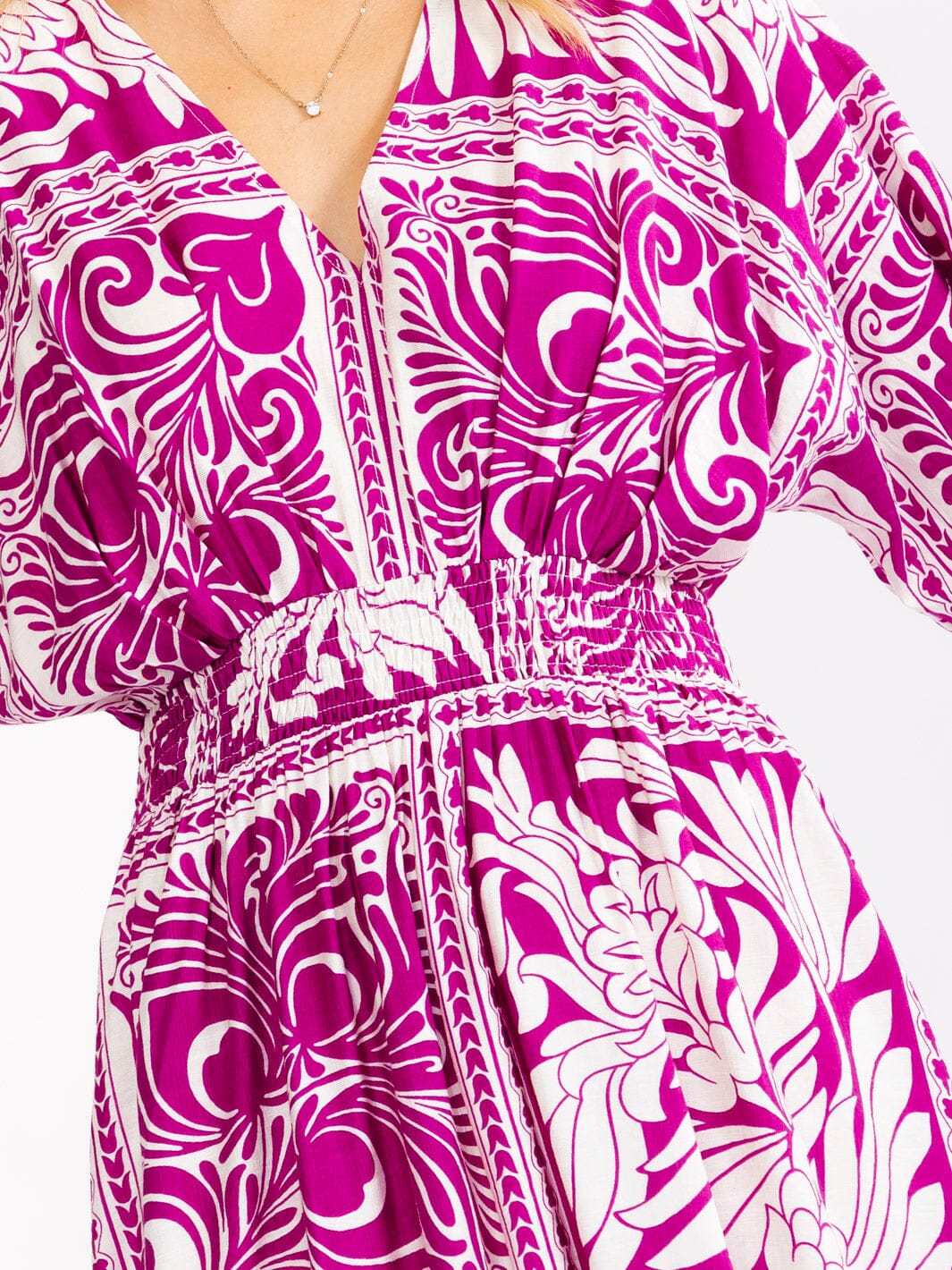 WOMEN'S SHORT SLEEVE V-NECK ELASTIC WAIST MULTI PRINT MAXI DRESS