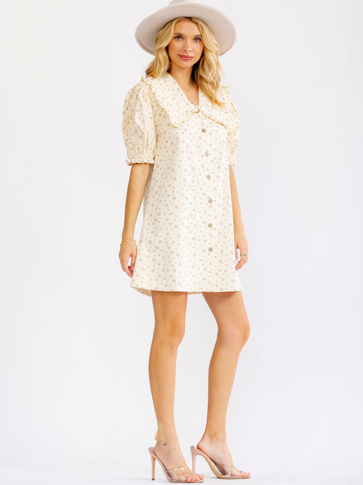 WOMEN'S SHORT PUFF SLEEVE BUTTON UP FLORAL DENIM LOOSE FIT MINI DRESS