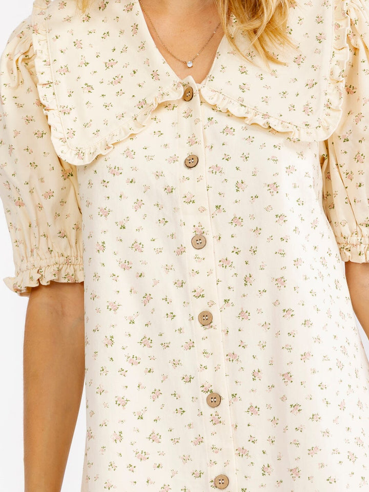 WOMEN'S SHORT PUFF SLEEVE BUTTON UP FLORAL DENIM LOOSE FIT MINI DRESS