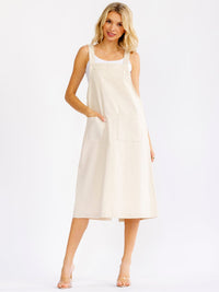 WOMEN'S SLEEVELESS FRONT POCKETS LINEN MIDI OVERALL