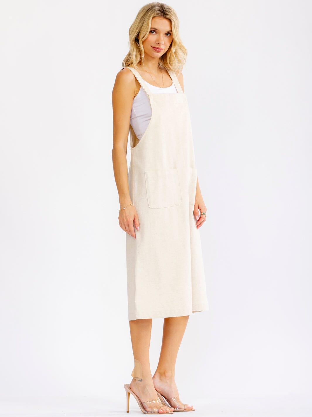 WOMEN'S SLEEVELESS FRONT POCKETS LINEN MIDI OVERALL
