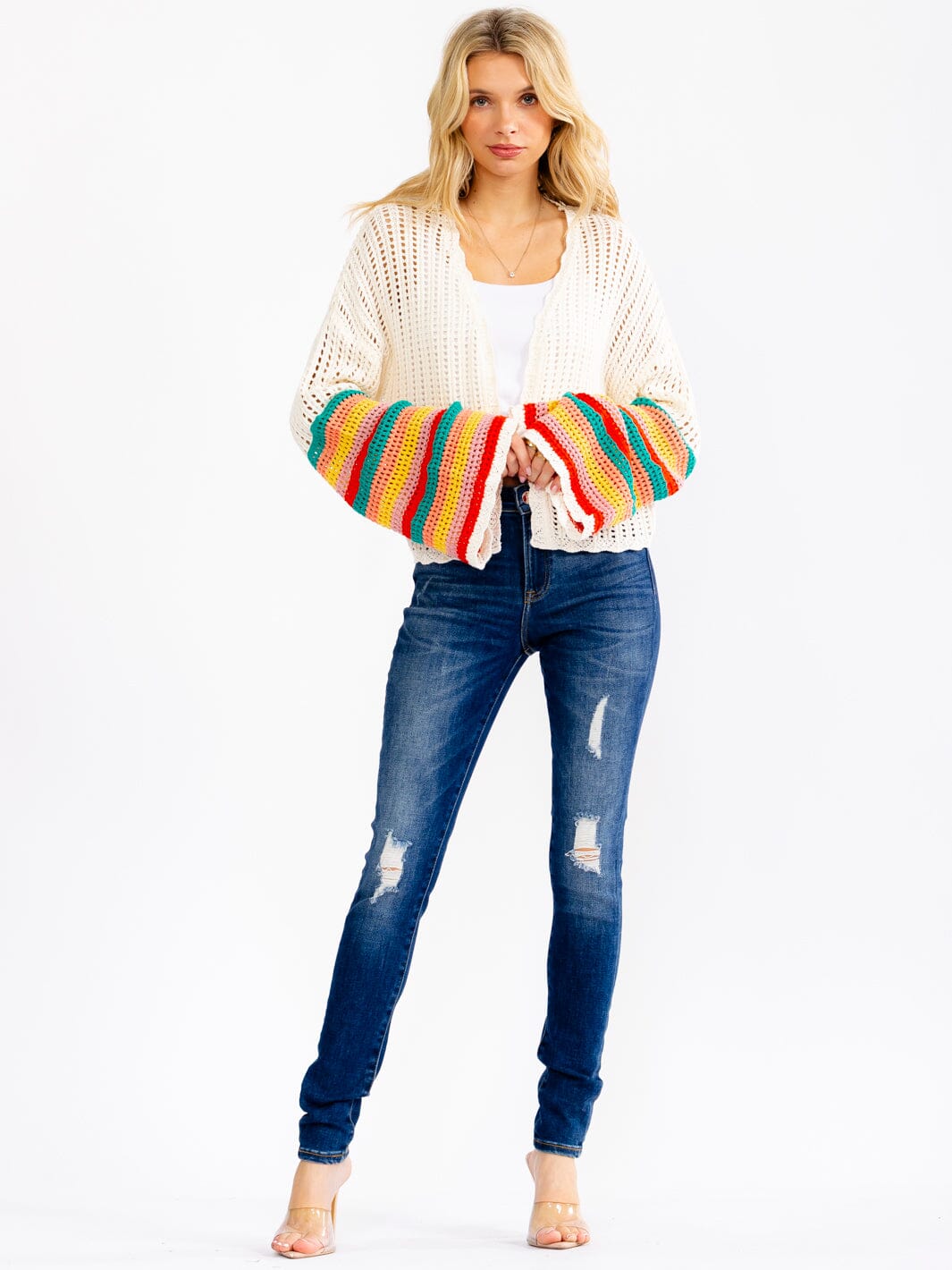 WOMEN'S LONG BELL SLEEVE OPEN FRONT COLORBLOCK STRIPES CROCHET CARDIGAN