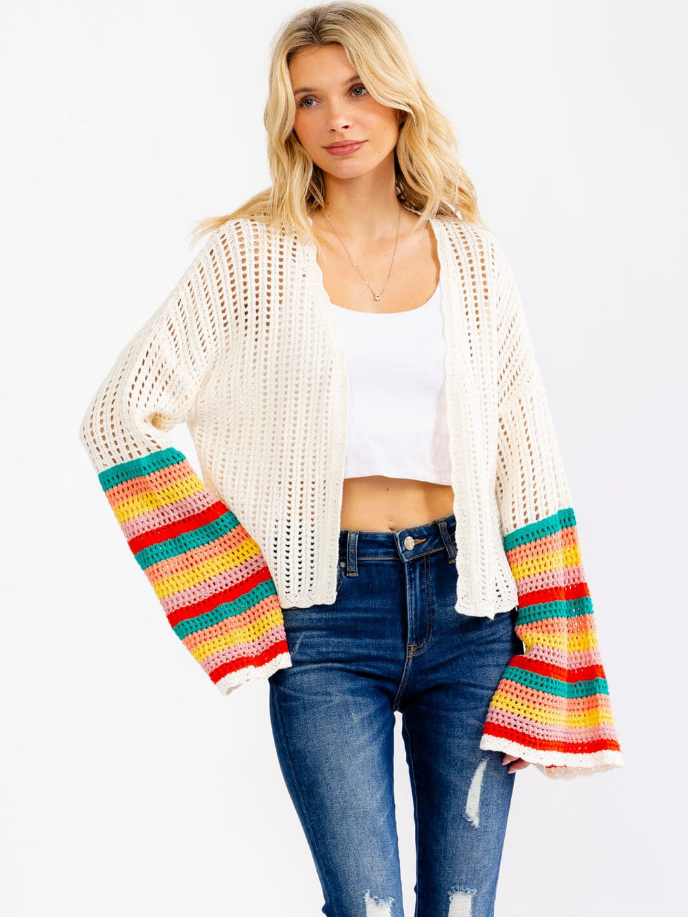 WOMEN'S LONG BELL SLEEVE OPEN FRONT COLORBLOCK STRIPES CROCHET CARDIGAN