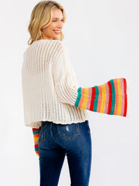 WOMEN'S LONG BELL SLEEVE OPEN FRONT COLORBLOCK STRIPES CROCHET CARDIGAN