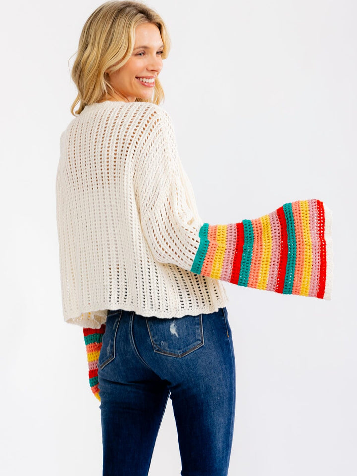 WOMEN'S LONG BELL SLEEVE OPEN FRONT COLORBLOCK STRIPES CROCHET CARDIGAN