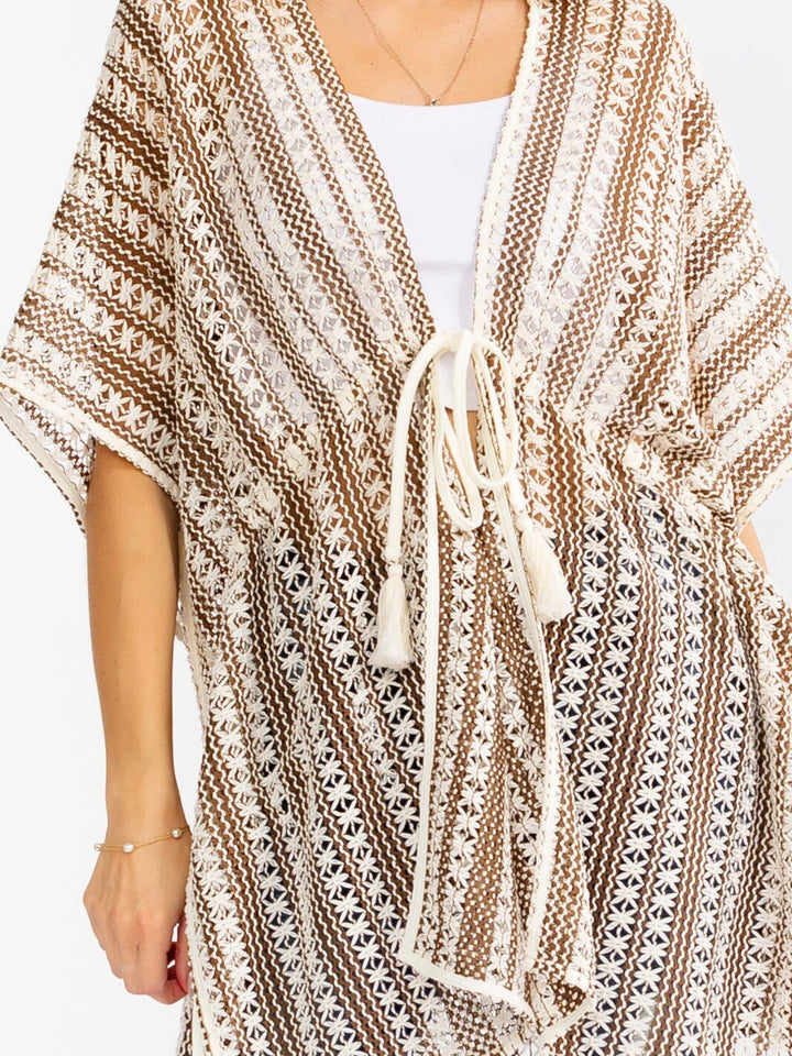 WOMEN'S SHORT SLEEVE OPEN FRONT ADJUSTABLE WAIST CROCHET KIMONO
