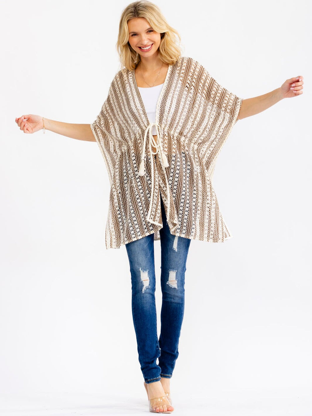 WOMEN'S SHORT SLEEVE OPEN FRONT ADJUSTABLE WAIST CROCHET KIMONO