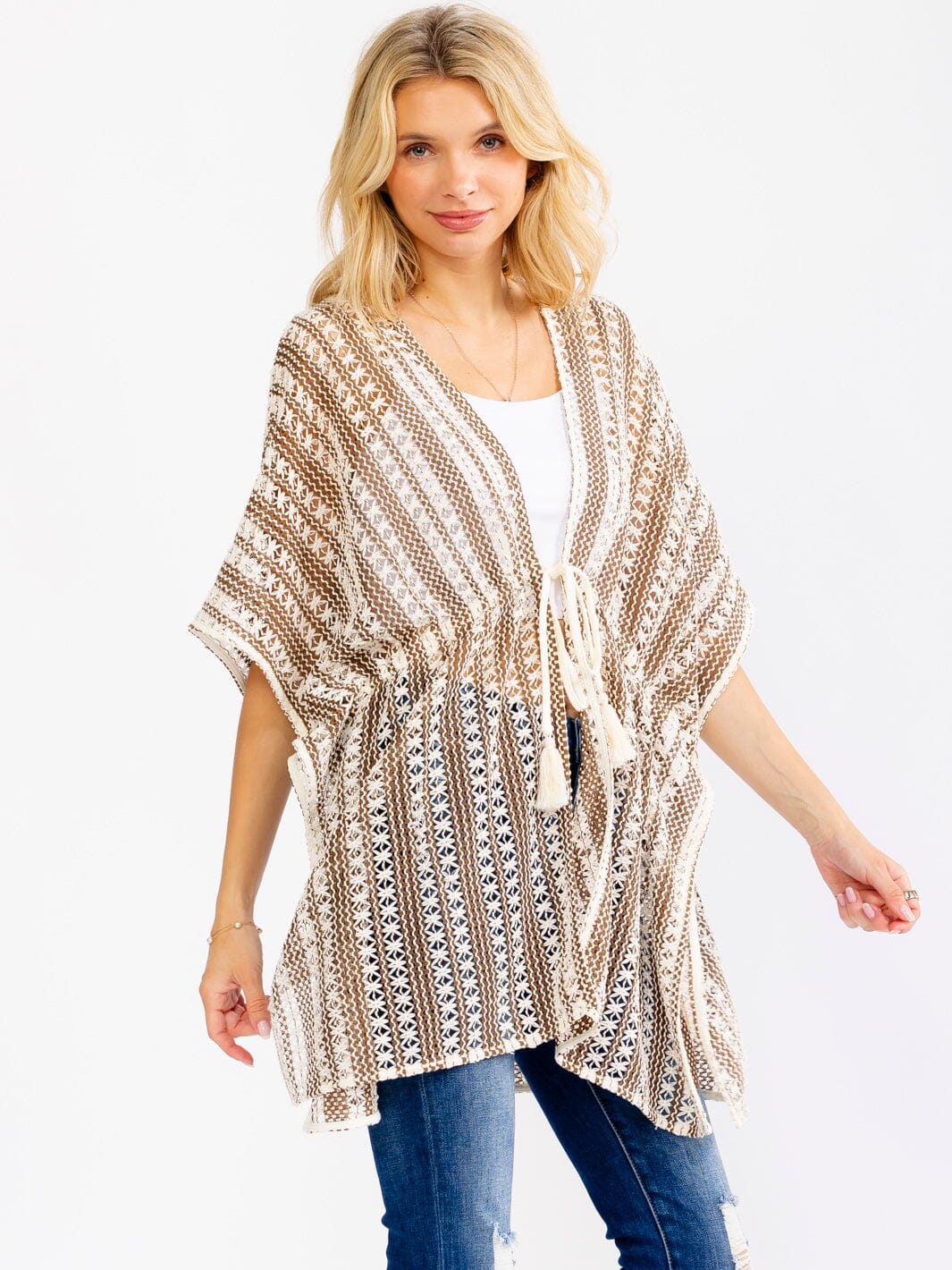 WOMEN'S SHORT SLEEVE OPEN FRONT ADJUSTABLE WAIST CROCHET KIMONO