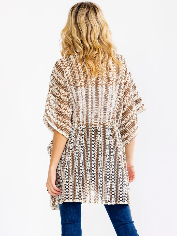 WOMEN'S SHORT SLEEVE OPEN FRONT ADJUSTABLE WAIST CROCHET KIMONO