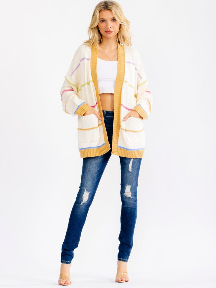 WOMEN'S LONG SLEEVE OPEN FRONT POCKETS COLORBLOCK STRIPES CARDIGAN