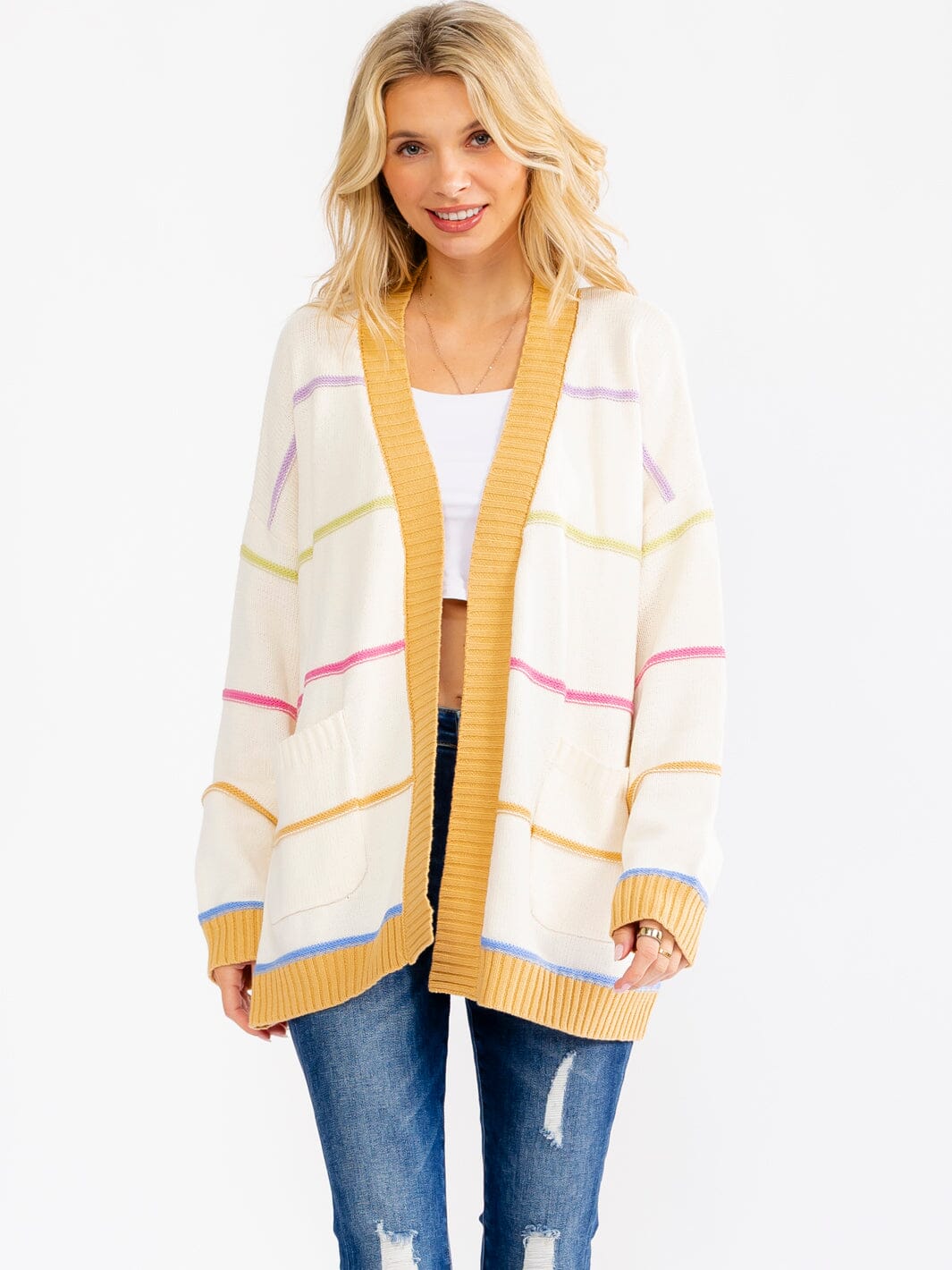 WOMEN'S LONG SLEEVE OPEN FRONT POCKETS COLORBLOCK STRIPES CARDIGAN
