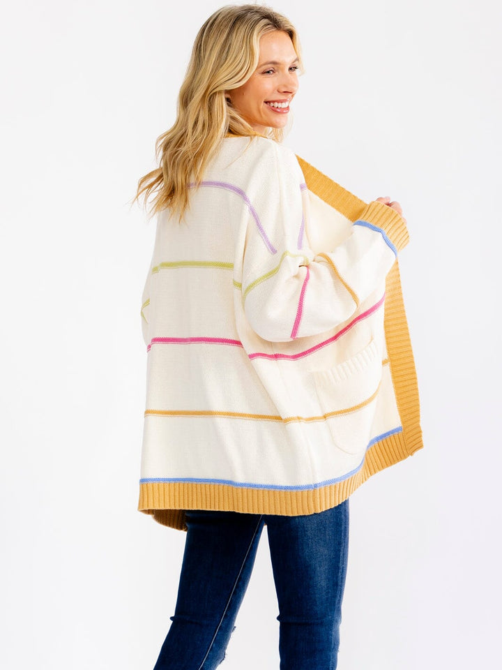WOMEN'S LONG SLEEVE OPEN FRONT POCKETS COLORBLOCK STRIPES CARDIGAN