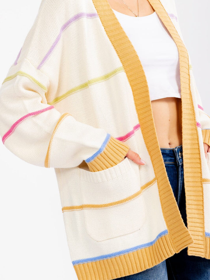 WOMEN'S LONG SLEEVE OPEN FRONT POCKETS COLORBLOCK STRIPES CARDIGAN
