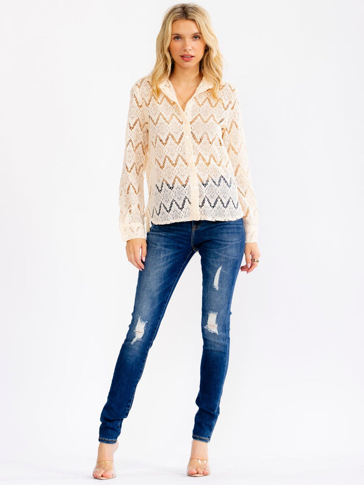 WOMEN'S LONG SLEEVE V-NECK BUTTON UP CROCHET BLOUSE