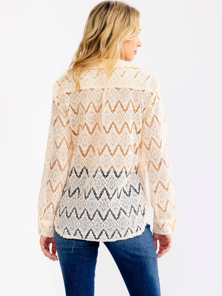 WOMEN'S LONG SLEEVE V-NECK BUTTON UP CROCHET BLOUSE