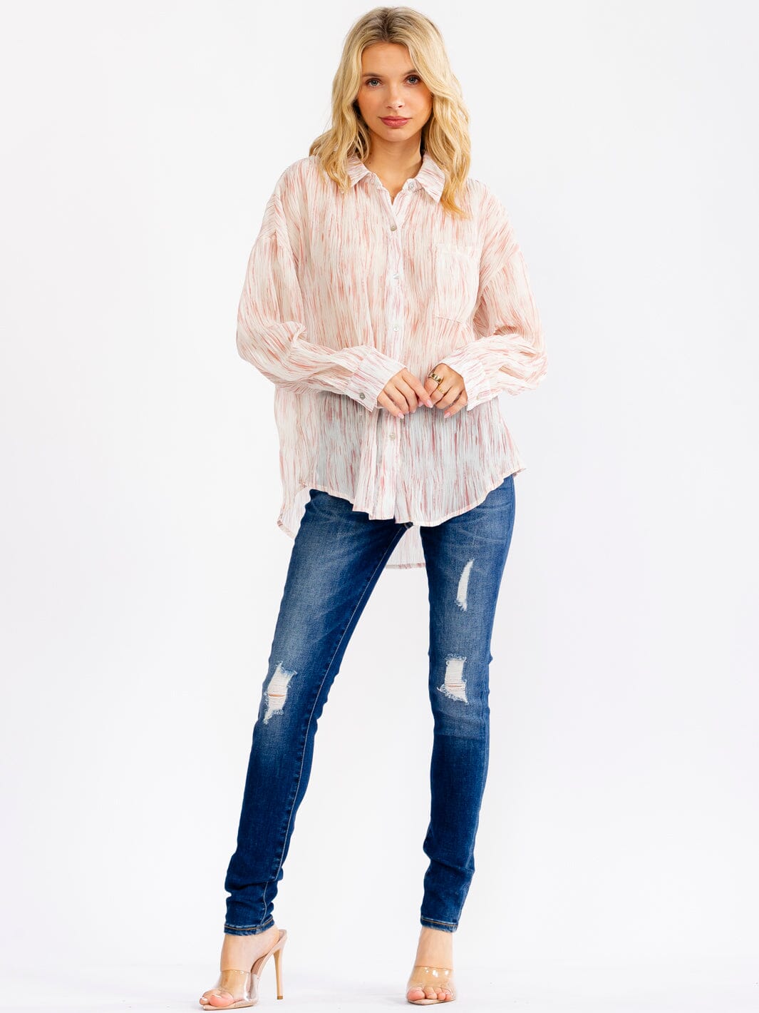 WOMEN'S LONG SLEEVE BUTTON UP TIE DYE DETAILED SHIRT