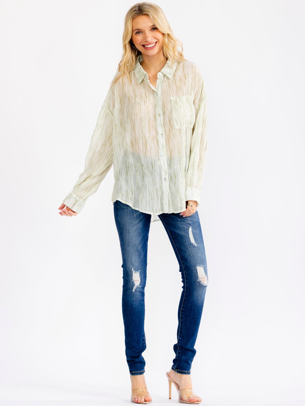 WOMEN'S LONG SLEEVE BUTTON UP TIE DYE DETAILED SHIRT