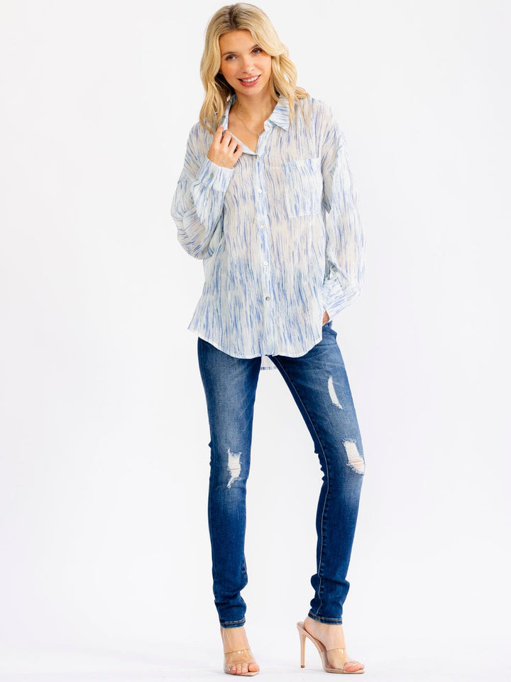 WOMEN'S LONG SLEEVE BUTTON UP TIE DYE DETAILED SHIRT