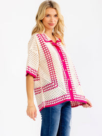 WOMEN'S SHORT SLEEVE V-NECK BUTTON UP CROCHET BLOUSE