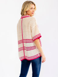 WOMEN'S SHORT SLEEVE V-NECK BUTTON UP CROCHET BLOUSE