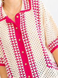 WOMEN'S SHORT SLEEVE V-NECK BUTTON UP CROCHET BLOUSE
