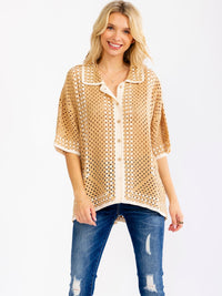 WOMEN'S SHORT SLEEVE V-NECK BUTTON UP CROCHET BLOUSE