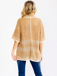 WOMEN'S SHORT SLEEVE V-NECK BUTTON UP CROCHET BLOUSE