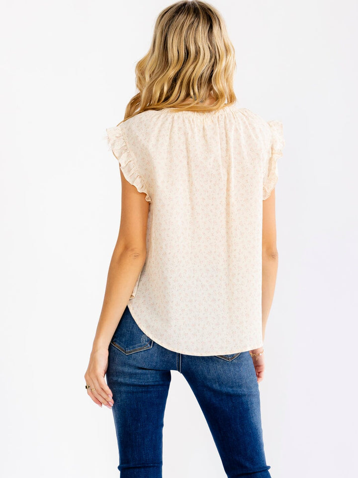 WOMEN'S SHORT SLEEVE V-NECK BUTTON UP CROCHET FLORAL BLOUSE