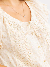 WOMEN'S SHORT SLEEVE V-NECK BUTTON UP CROCHET FLORAL BLOUSE