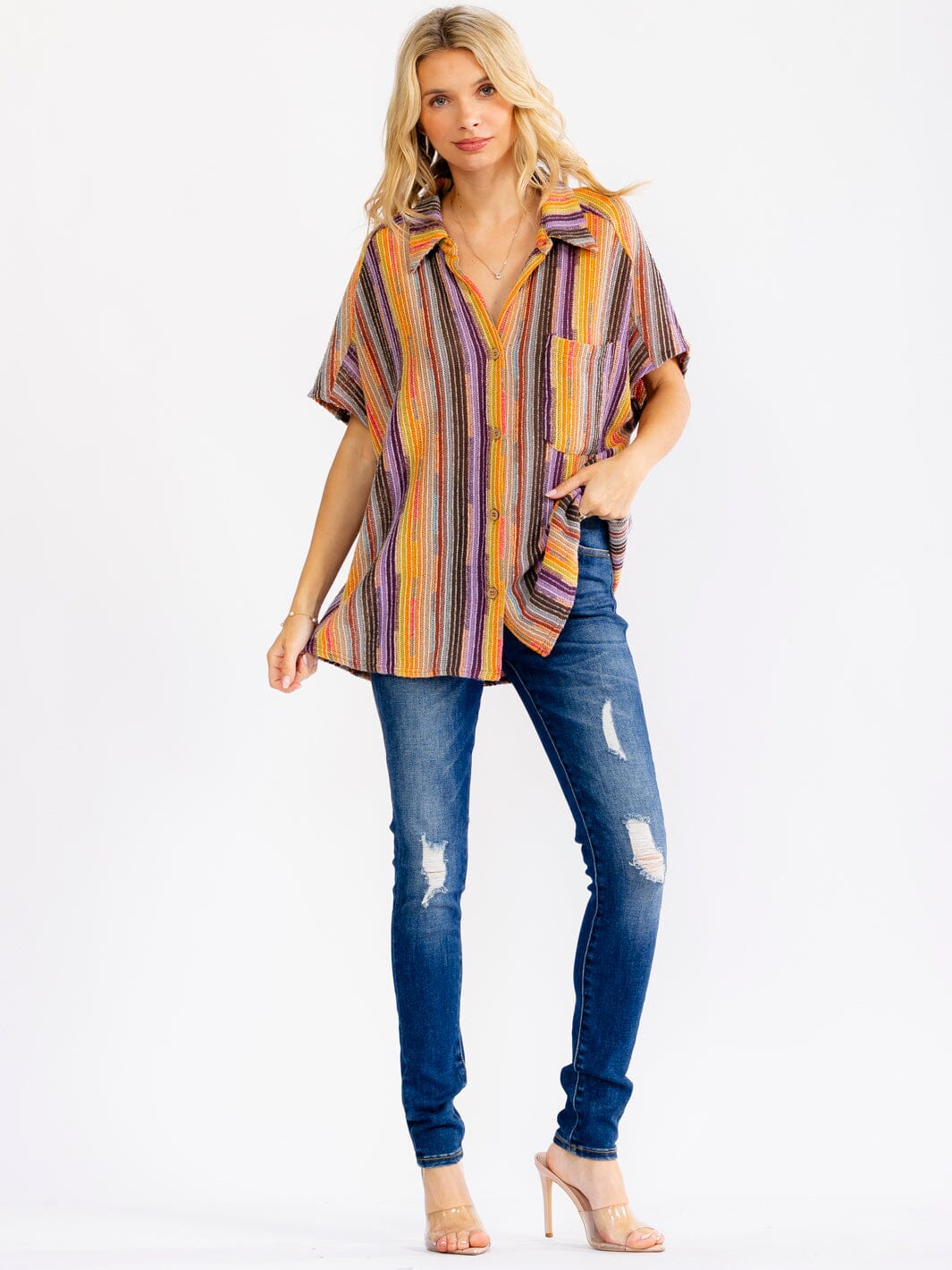 WOMEN'S SHORT SLEEVE V-NECK BUTTON UP FRONT POCKET MULTI KNIT BLOUSE