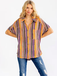 WOMEN'S SHORT SLEEVE V-NECK BUTTON UP FRONT POCKET MULTI KNIT BLOUSE