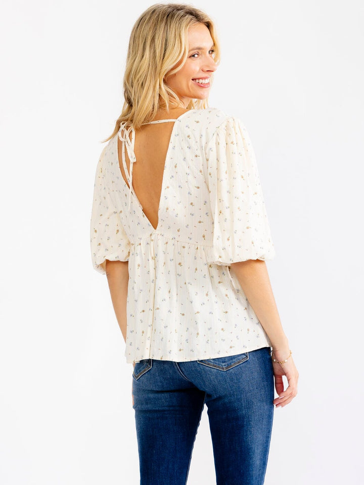 WOMEN'S SHORT PUFF SLEEVE V-NECK OPEN BACK FLORAL BLOUSE