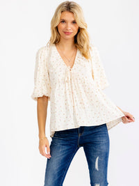 WOMEN'S SHORT PUFF SLEEVE V-NECK OPEN BACK FLORAL BLOUSE