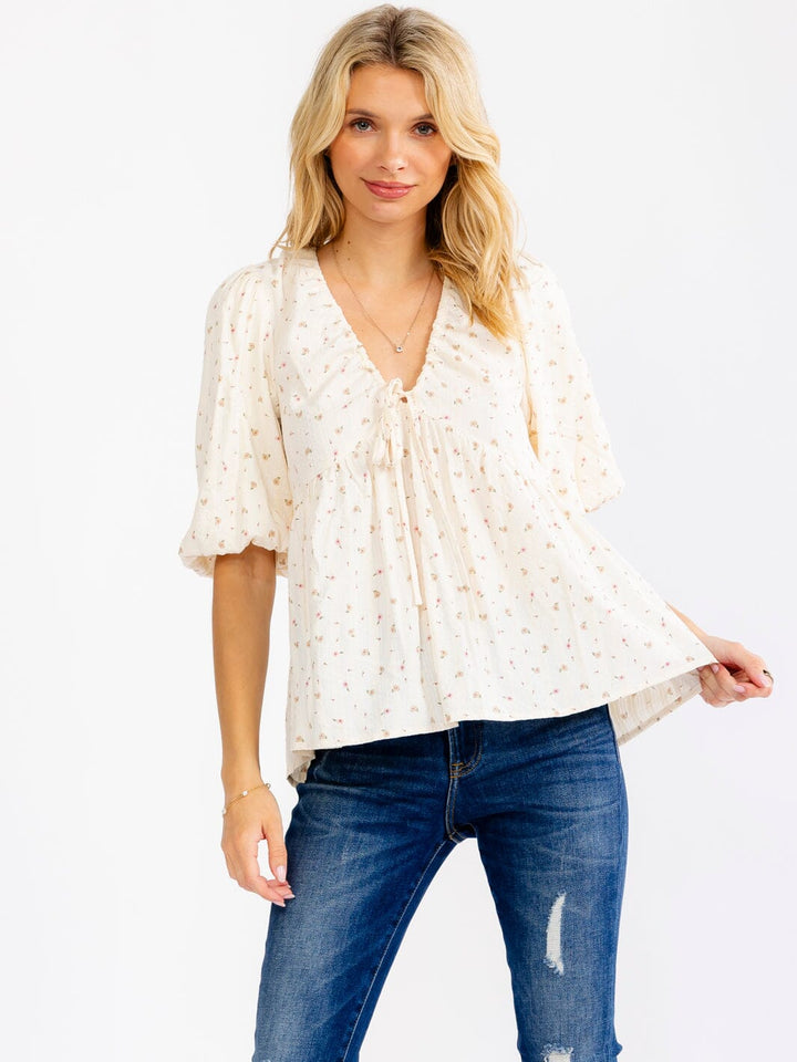 WOMEN'S SHORT PUFF SLEEVE V-NECK OPEN BACK FLORAL BLOUSE