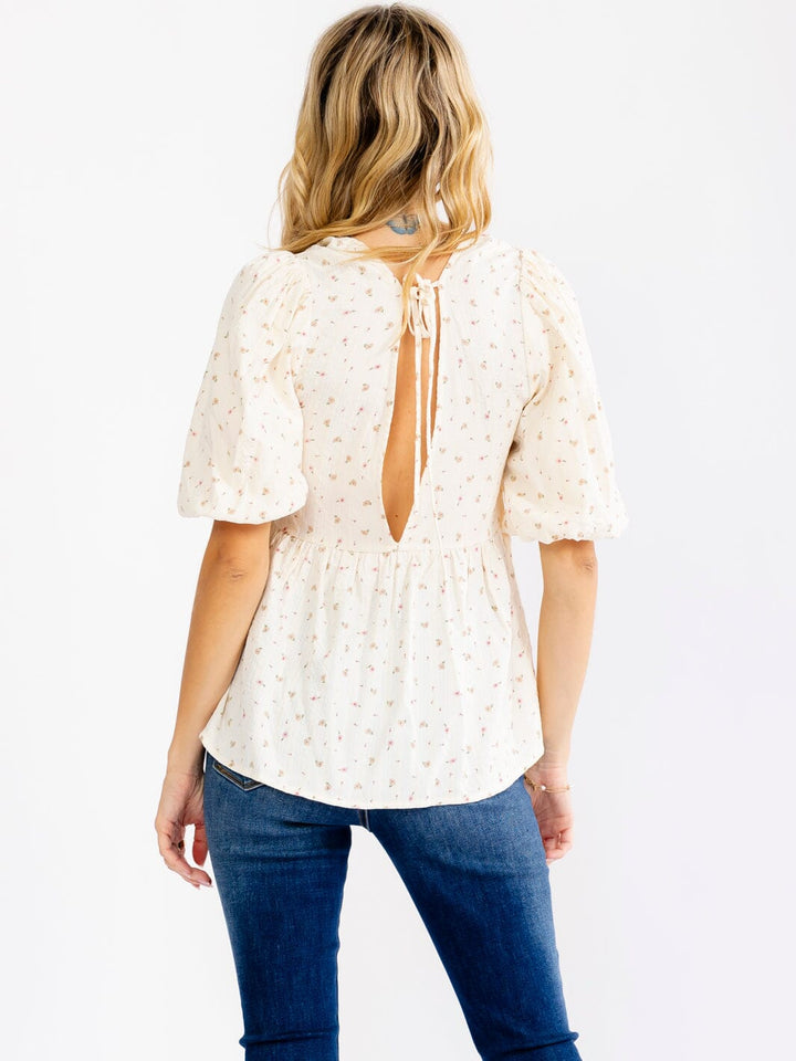 WOMEN'S SHORT PUFF SLEEVE V-NECK OPEN BACK FLORAL BLOUSE