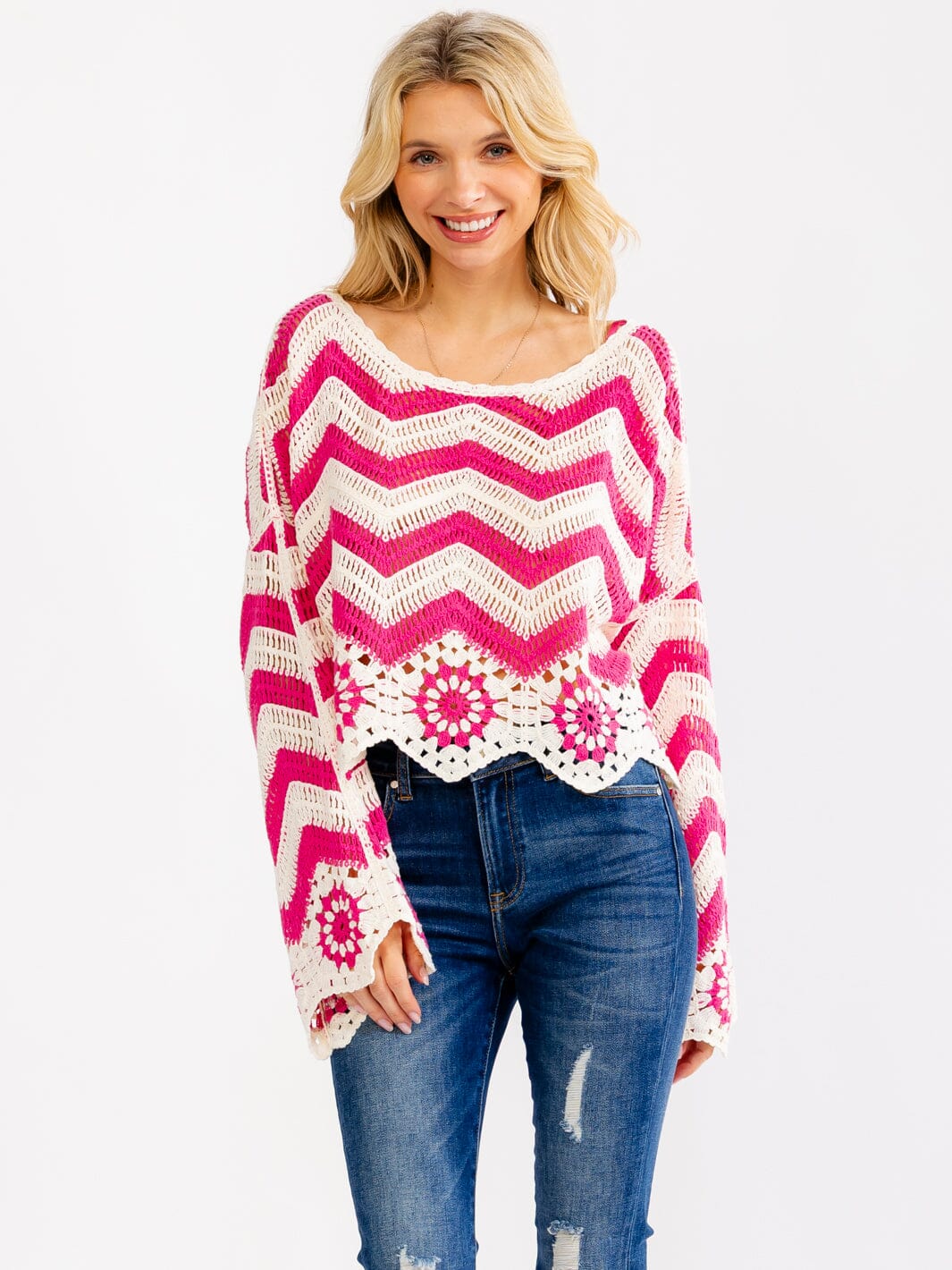 WOMEN'S LONG BELL SLEEVE COLORBLOCK CROCHET PULLOVER TOP