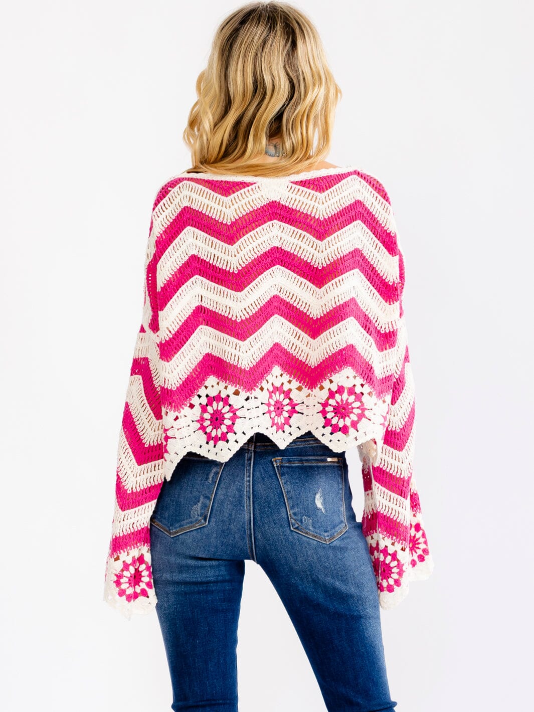 WOMEN'S LONG BELL SLEEVE COLORBLOCK CROCHET PULLOVER TOP