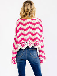 WOMEN'S LONG BELL SLEEVE COLORBLOCK CROCHET PULLOVER TOP