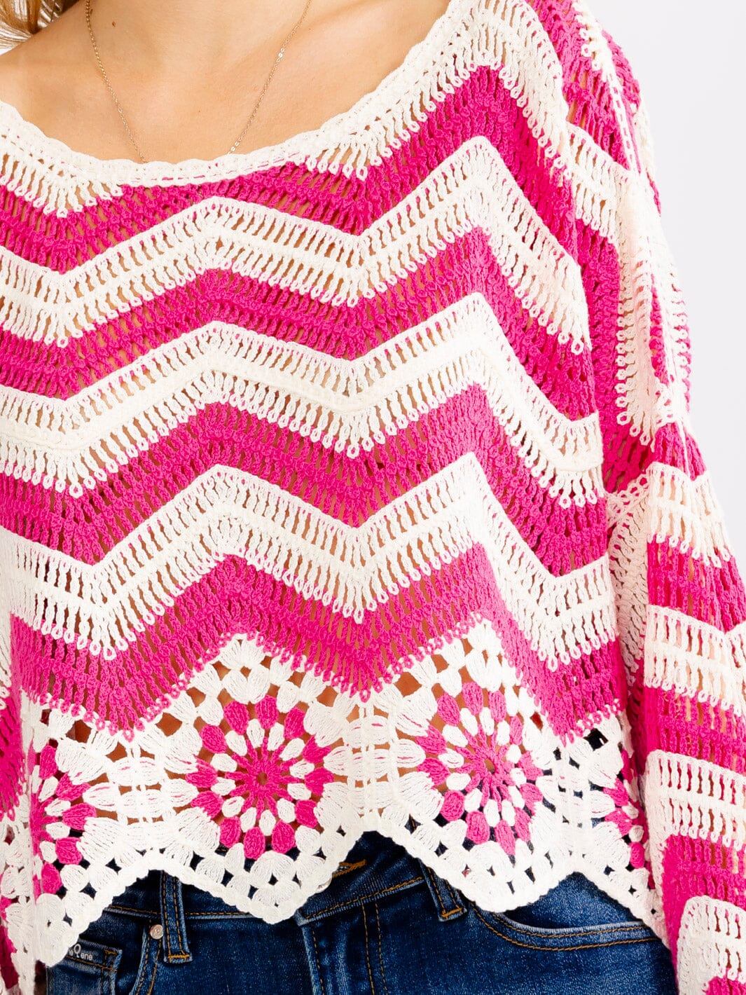 WOMEN'S LONG BELL SLEEVE COLORBLOCK CROCHET PULLOVER TOP