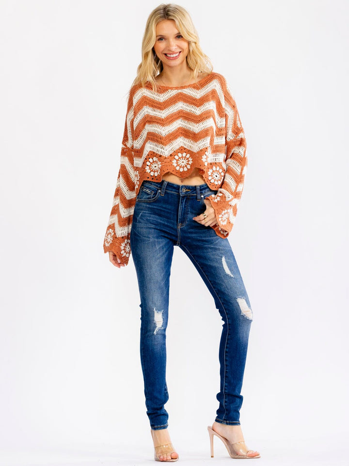 WOMEN'S LONG BELL SLEEVE COLORBLOCK CROCHET PULLOVER TOP