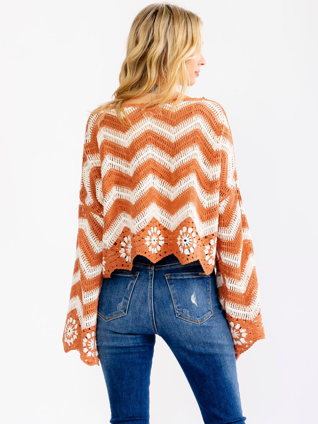 WOMEN'S LONG BELL SLEEVE COLORBLOCK CROCHET PULLOVER TOP