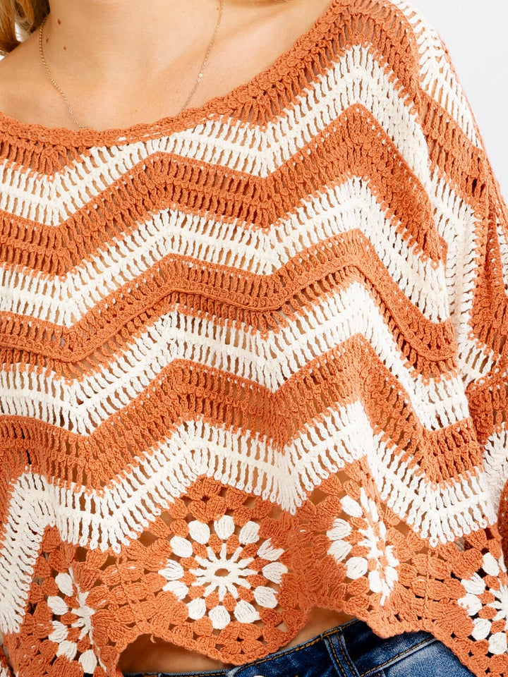 WOMEN'S LONG BELL SLEEVE COLORBLOCK CROCHET PULLOVER TOP