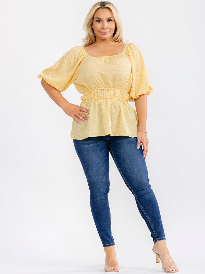 PLUS SIZE SHORT PUFF SLEEVE ELASTIC WAIST POLKA DOTS PEPLUM BLOUSE